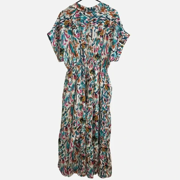 Entro Midi Dress Women Size L Multicolor Abstract Ikat Tiered Elastic Waist - Picture 2 of 7